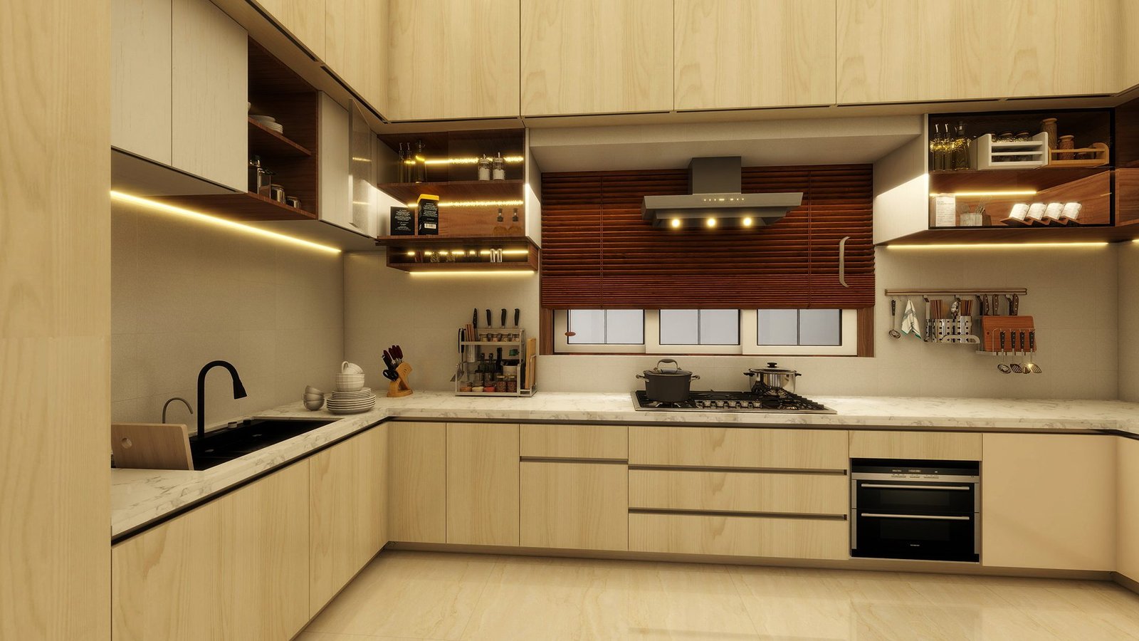 Culinary Warmth. Balancing ergonomic kitchen layout with organic textures and modern lighting.