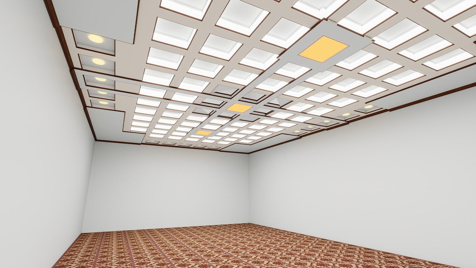 Sacred Geometry. Precision ceiling design creating a serene, illuminated atmosphere for worship.