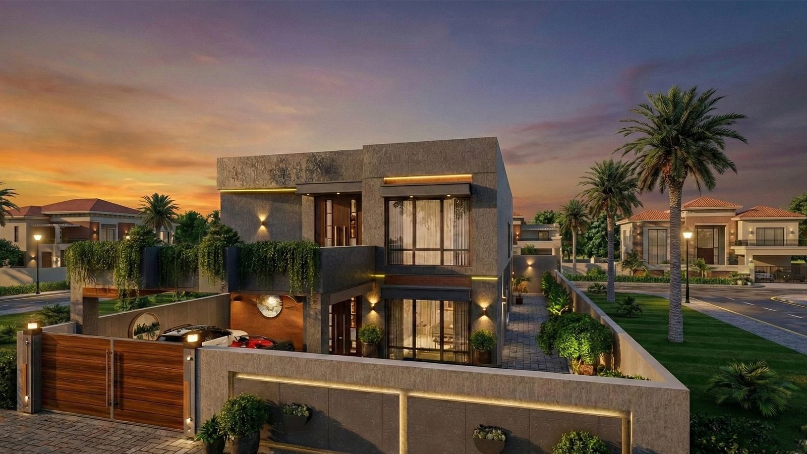 Twilight tranquility. Modern residential elegance brought to life with dramatic lighting.